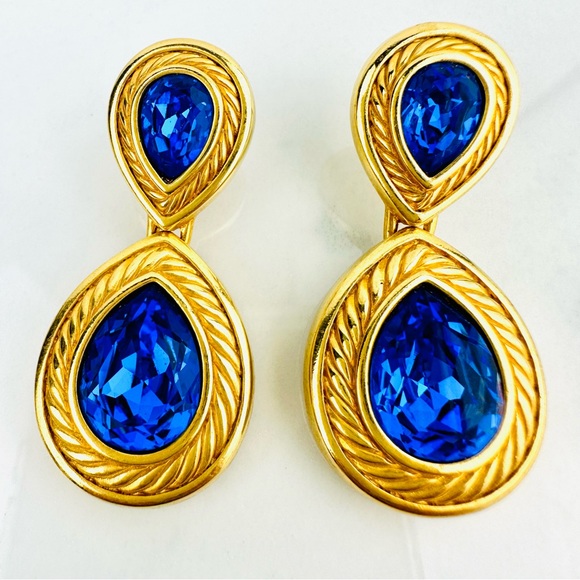 VTG 80s Swarovski Swan Blue Pear Cut Crystal Pendant Chain Necklace Earrings - Picture 7 of 11